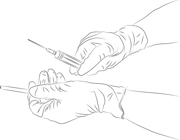 用不同厚度的线条画出的一种风格草图 医生从注射器针头上摘下用于疫苗包的帽子 Covid疫苗接种 矢量说明 — 图库矢量图片