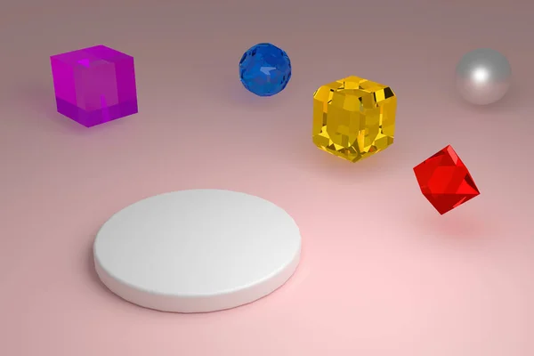 抽象舞台 放置物体的讲台 底座是白色圆筒的形式 五彩斑斓的玻璃立方体 多面体 一个金属球挂在粉红色的表面 3D渲染 — 图库照片
