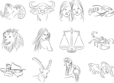 Zodiac 'ın işaretlerinin bir dizi simgesi, yazarın tarzının ücretsiz yorumlanması. Farklı kalınlıktaki çizgilerin vuruşlarıyla çizilmiş biçimlendirilmiş vektör simgeleri.