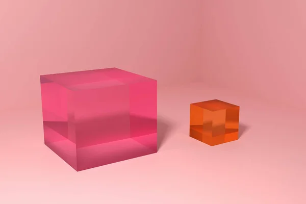 粉红和黄色的玻璃立方体在粉红房间的角落里 放置物体的舞台 3D渲染 — 图库照片
