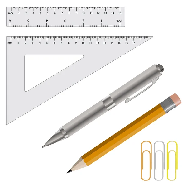 Vektor-Illustration von Bleistift, Feder und Lineal — Stockvektor
