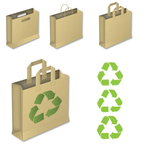 リサイクル シンボルと 4 つの茶色の紙バッグ. — ストックベクタ