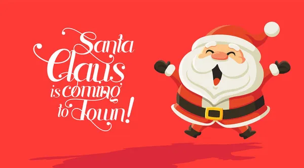 Frohe Weihnachten Lustige Cartoon Weihnachtsmänner Springen Fröhlich Auf Rotem Hintergrund — Stockvektor