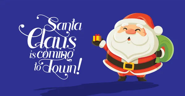 Lustige Cartoon Weihnachtsmann Urlaub Kleines Weihnachtsgeschenk Auf Dunkelblauem Hintergrund Mit — Stockvektor