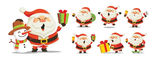 一组不同姿态的滑稽可爱的圣诞老人角色 手持圣诞礼物 扩音器和铃铛 推着圣诞礼品盒和滑板 圣诞快乐吉祥物 — 图库矢量图片