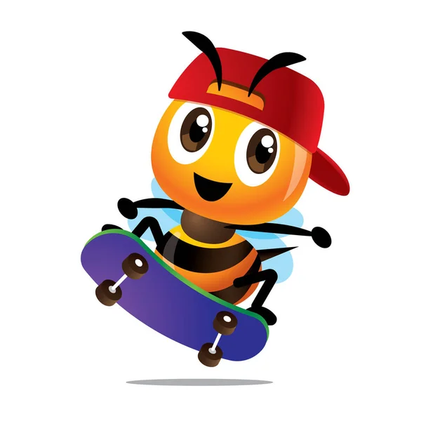 極端なスポーツのための漫画かわいい蜂のスケートボード 野球帽をかぶったビースケートボーダーはストリートスポーツをお楽しみください キャラクターイラスト — ストックベクタ