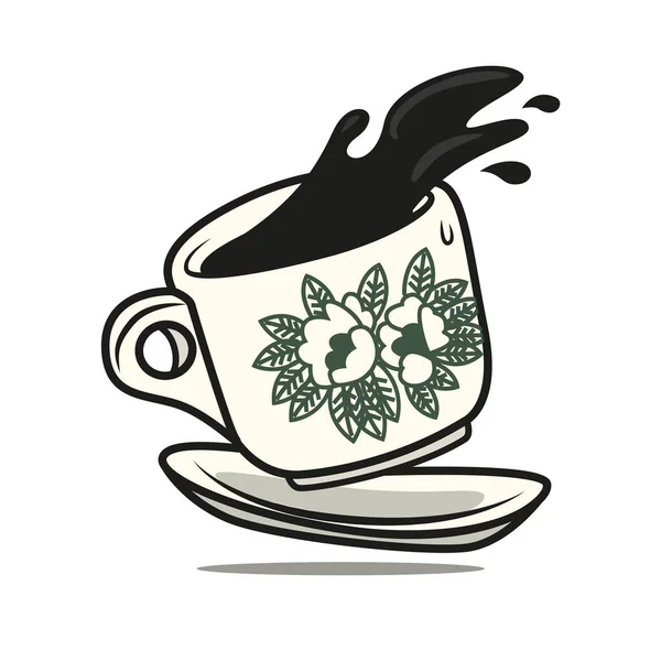 Malaysiaan Singapur Tradicional Café Negro Estilo Oriental Patrón Floral Taza — Vector de stock