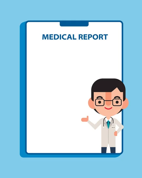 Flat Design Caricature Médecin Comprimé Présentant Sur Emtpy Espace Rapport — Image vectorielle