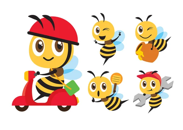 漫画蜂の異なるポーズのフラットデザインコレクション 蜂に乗るスクーター 蜂蜜の鍋を運ぶ スパナを保持し 蜂蜜のディップを保持します ベクトル蜂のキャラクターイラスト — ストックベクタ