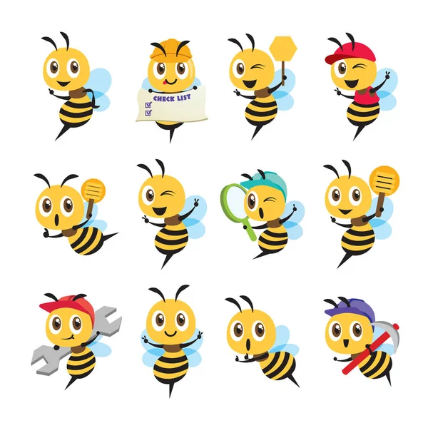 異なるポーズで設定されたフラットデザイン漫画かわいい蜂のキャラクターのコレクション ビーは異なるアイテムと異なるアクションを保持しています ベクトル蜂マスコットセット — ストックベクタ