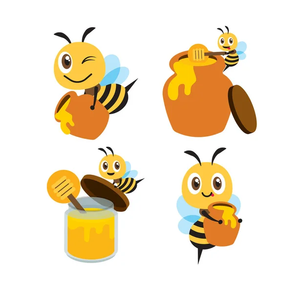 フラットデザインの蜂のマスコットセット ハニーポットセットで漫画かわいい蜂 かわいい蜂は蜂蜜の鍋と有機蜂蜜のボトルを運びます フラットアートベクトルキャラクターマスコットセット — ストックベクタ