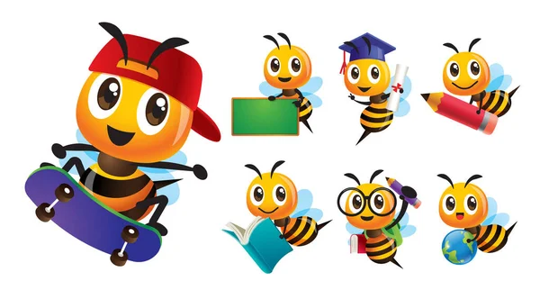 Kolekcja Pszczoła Kreskówki Serii Różnych Pozach Działań Łyżwiarstwo Trzymając Ołówek — Wektor stockowy