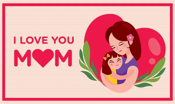 Happy Mother Day Greetings Design Cartoon Mother Hugging Daughter Arm — Stock Vector