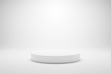 Beyaz arka planda 3D beyaz podyum temel ürün görüntüsü oluşturur. 3 Boyutlu Örnekleme Çizimi