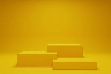 Ürün gösterisi için minimum sarı renkli 3D kare şekilli podyum kaidesi. 3B boş podyum tasviri