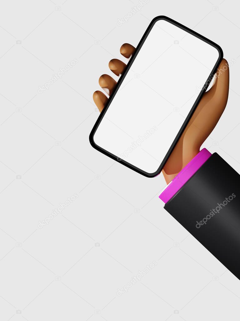 3D rendering business suit cartoon dark skin hand holding empty screen smartphone illustration. 3d mockup illustration on light colour background