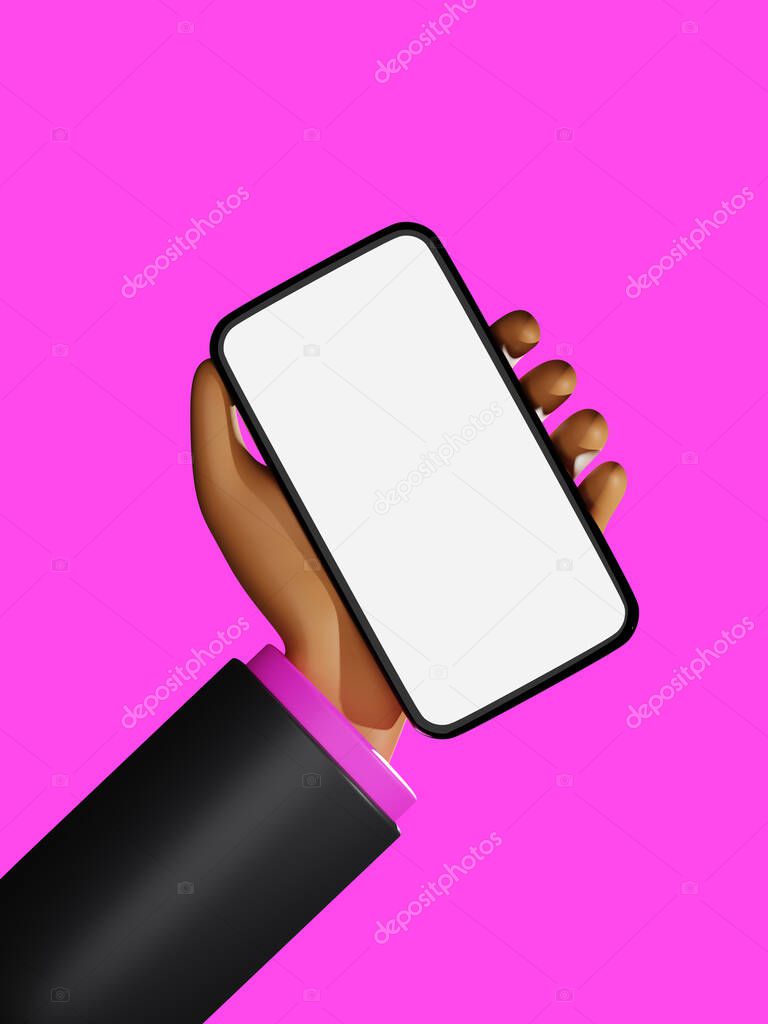 3D rendering business suit cartoon dark skin hand holding empty screen smartphone illustration. 3d mockup illustration on pink colour theme