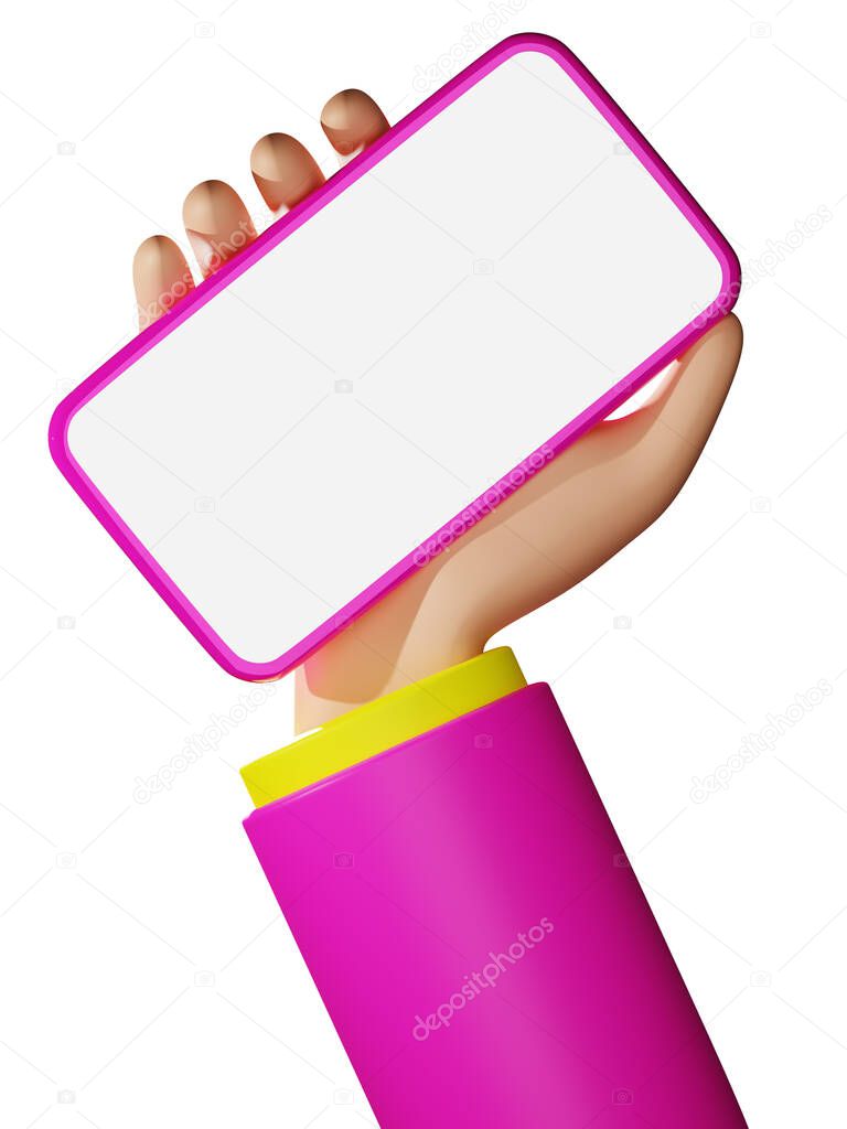 3D rendering cartoon hand with smartphone with pink business suit. Empty screen mobile phone mockup illustration