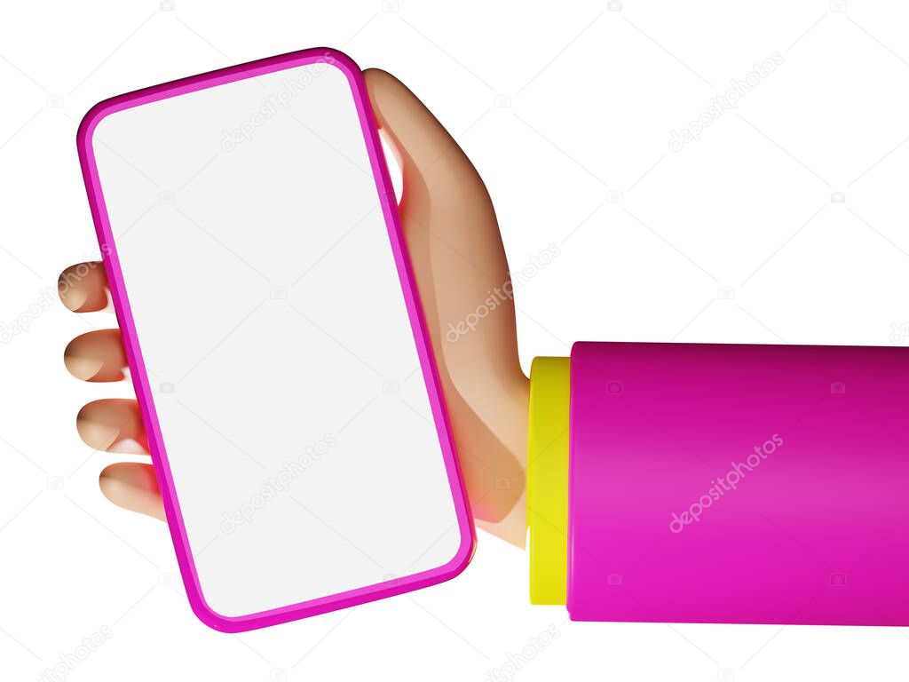 3D rendering cartoon hand with smartphone with pink business suit. Empty screen mobile phone mockup illustration