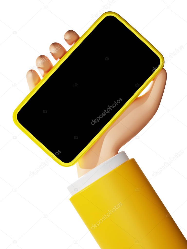 3D rendering cartoon hand with smartphone with yellow business suit. Black empty screen mobile phone mockup illustration