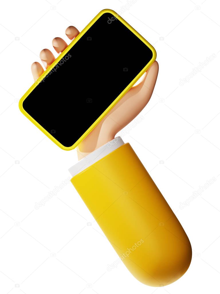 Cartoon hand with black empty screen smartphone 3D rendering isolated illustration