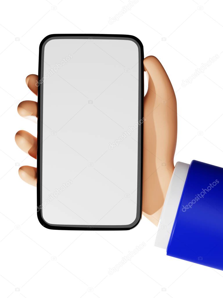 3D rendering cartoon hand holding empty screen smartphone with business apparel illustration