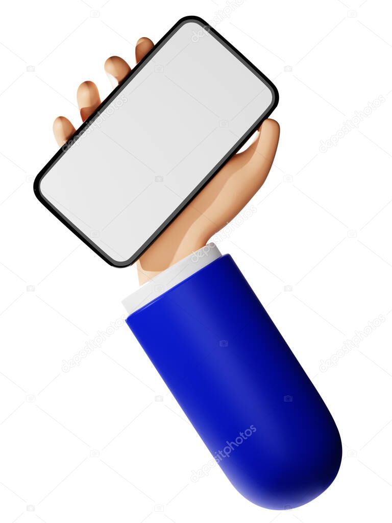 Cartoon hand holding smartphone with business apparel 3D rendering illustration