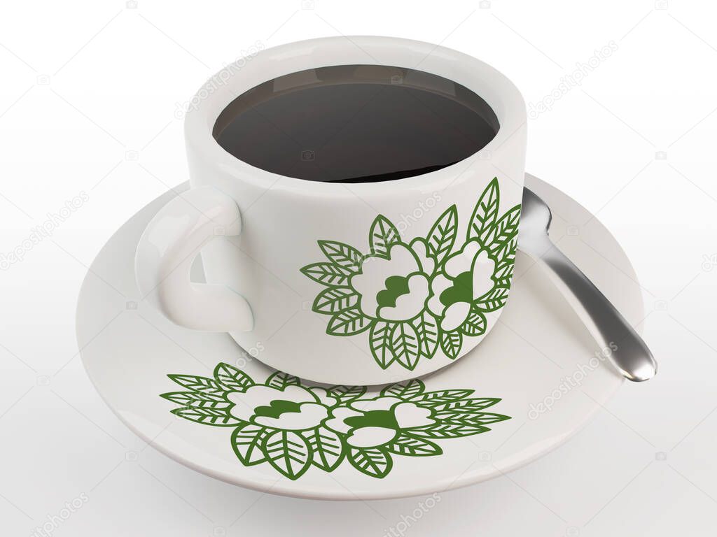 3d rendering traditional Malaysian authentic black coffee Kopi O. Vintage floral pattern cup and plate set with tea spoon. 3D illustration black coffee with cup