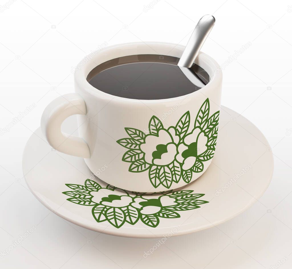 3D rendering Malaysian and Singapore traditional oriental style coffee isolated. Vintage floral pattern cup and plate set with tea spoon illustration