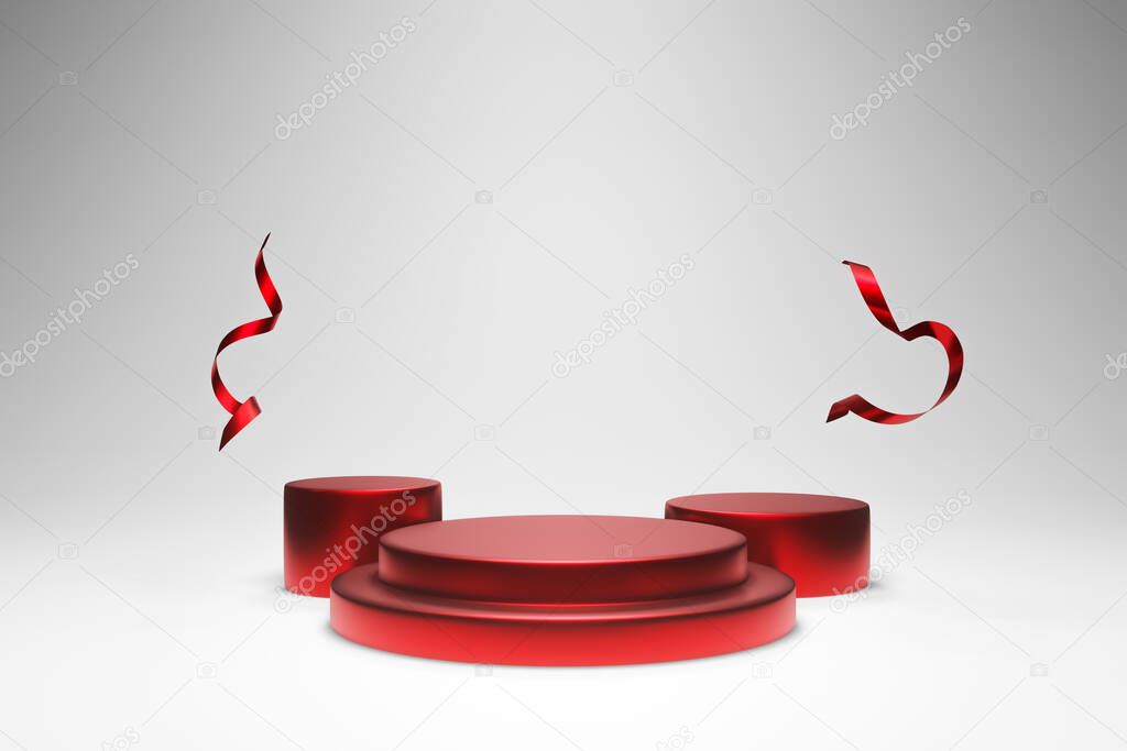 Luxury red colour theme 3D cylinders shape podium with twisted ribbon floating in the air on white wall background. 3D pedestal mockup for product display exhibition. Beauty product display podium