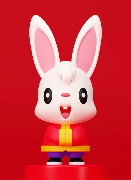 3D rendering cute cartoon rabbit character wearing Chinese costume with greeting hand and standing on red display podium. Chinese New Year 2023. Year of the rabbit