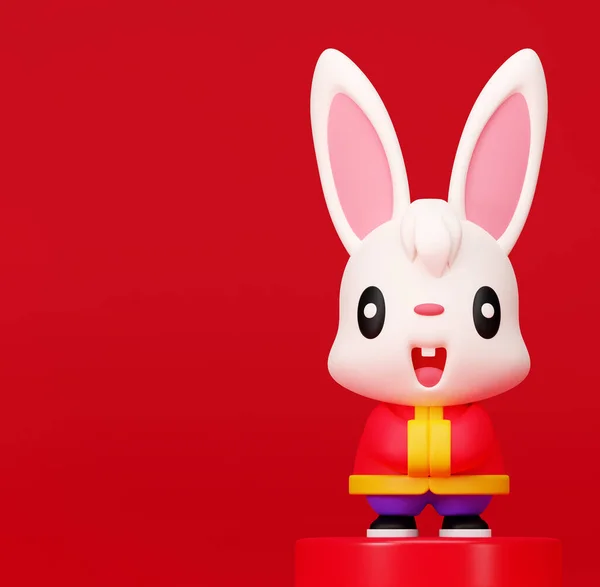 3D rendering cute cartoon rabbit character wearing Chinese costume with greeting hand and standing on red display podium on red empty space background. Chinese New Year 2023. Year of the rabbit