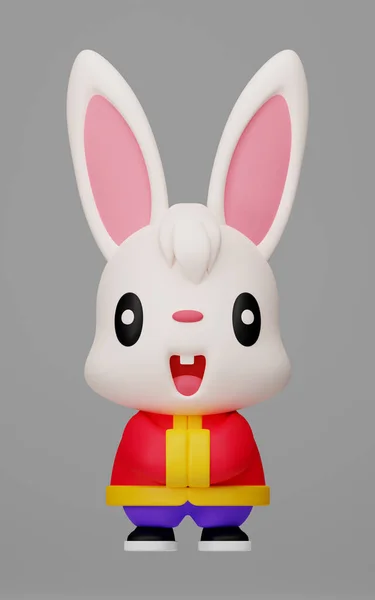 3D rendering cute cartoon rabbit character wearing Chinese costume with greeting gesture. Chinese New Year 2023. Year of the rabbit