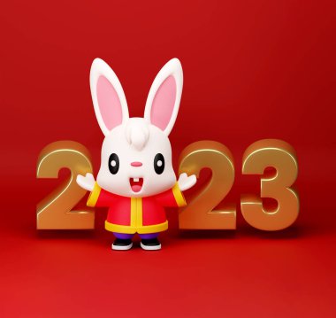 Mutlu Çin Yeni Yılı 2023. Kırmızı arka planda altın rengi 2023 yazılı üç boyutlu sevimli tavşan çizimi. Tavşan yılı.