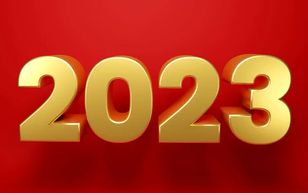 2023 Happy New Year. 3d render gold metallic sign. Realistic 3D 2023 signage for New Year celebration design on red background