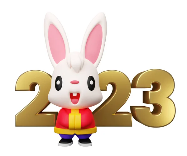 Chinese New Year 2023 theme. 3D render bunny cartoon character greeting with 2023 signage isolated. Year of the rabbit