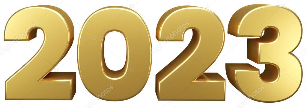 2023 Happy New Year. 3d render gold metallic sign. Realistic 3D 2023 signage for New Year celebration design