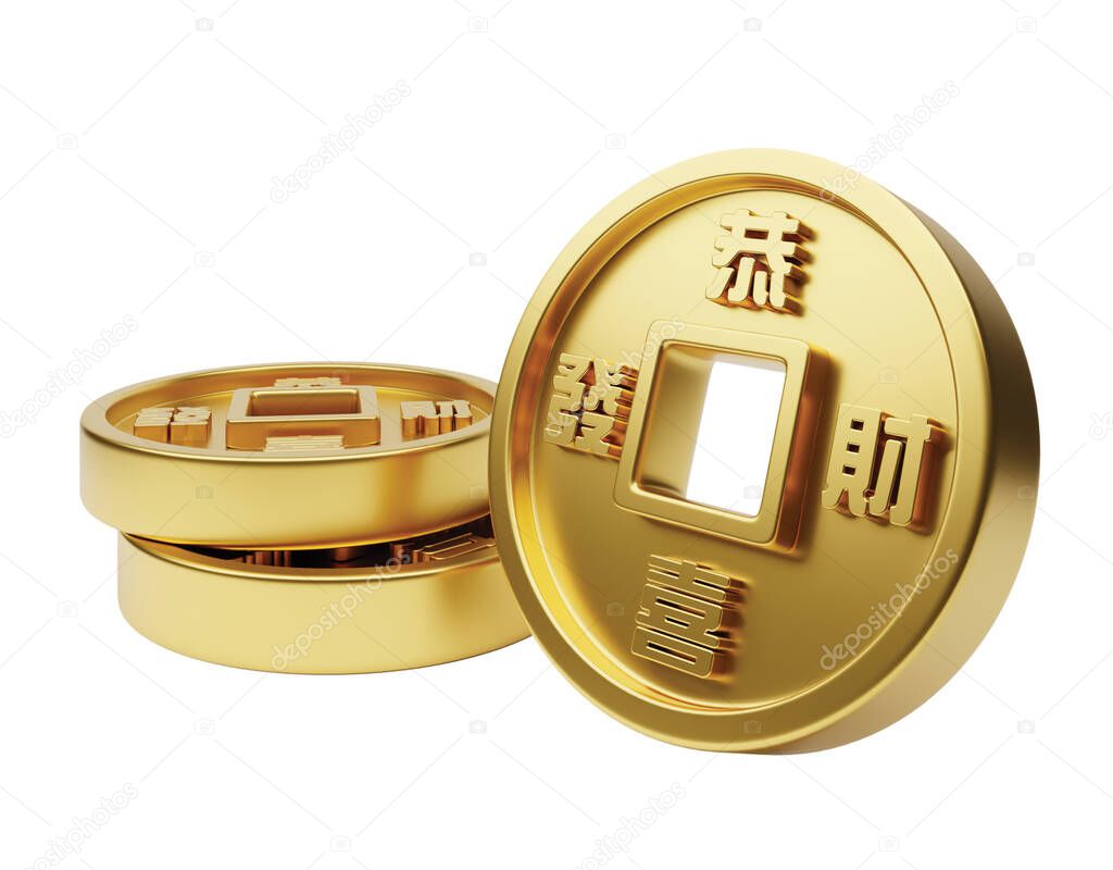 3D illustration realistic ancient gold Chinese coin ingot with round shape and square hole in centre for asian festival.