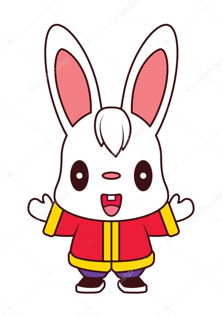 Cartoon cute rabbit wearing chinese costume. Chinese New Year 2023. Year of the rabbit zodiac illustration