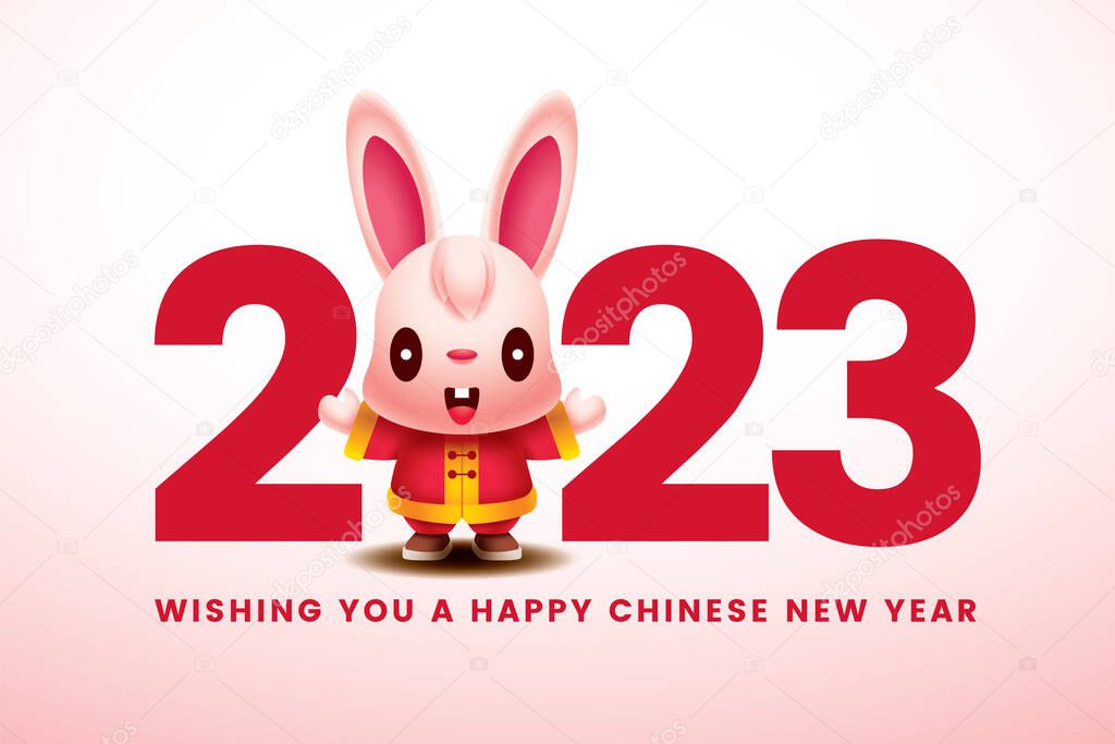 Happy Chinese New Year 2023. Cartoon cute long ears rabbit wearing traditional costume with greeting hand stand in big 2023 numbers sign. Year of the Rabbit. Rabbit zodiac character vector