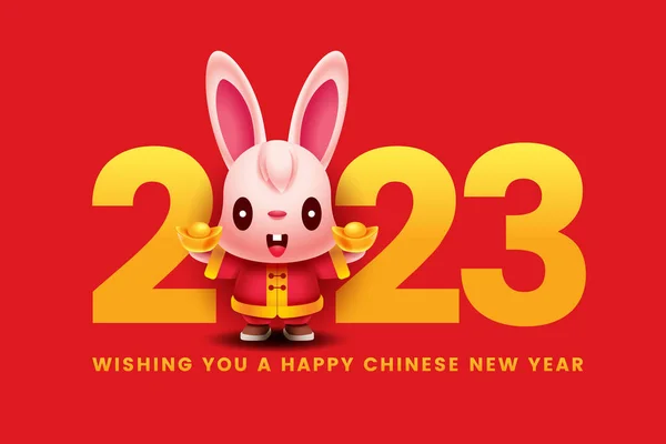 Happy Chinese New Year 2023 Red Theme Cartoon Happy Rabbit — Vetor de Stock