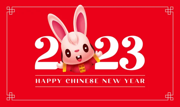 Happy Chinese New year 2023. Cartoon cute rabbit open arms popping out from 2023 numbers sign on red background