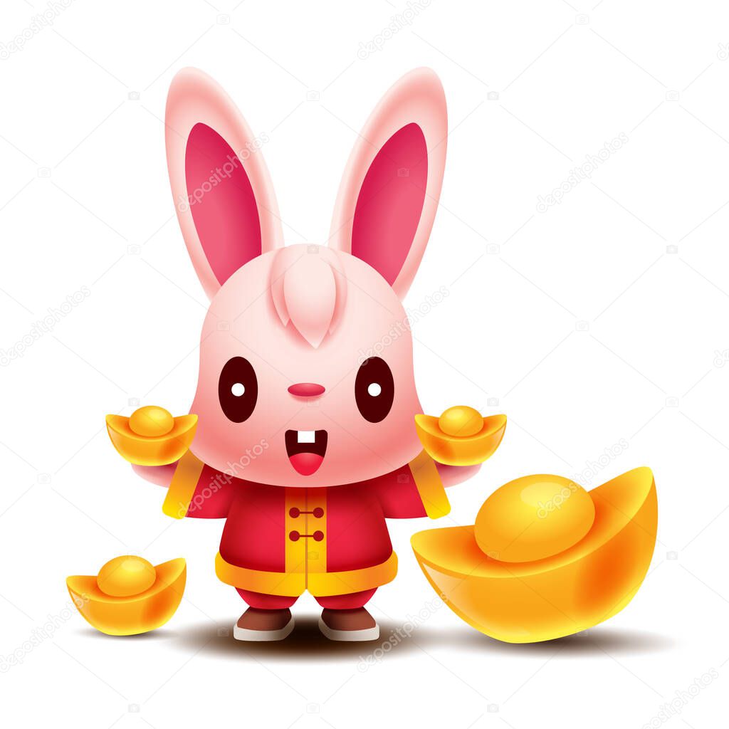Chinese New Year 2023 with little rabbit cartoon holding gold ingots. Gold ingots spread on ground. Year of the rabbit
