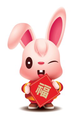 Happy Chinese New Year 2023. Cartoon cute rabbit with traditional costume holding Chinese couplet. Rabbit zodiac clipart