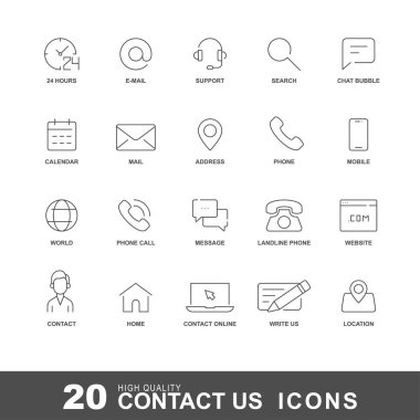 Satır simgeleri olarak bize ulaşın. Telefonu, adresi ve posta simgesi düzenlenebilir darbesiyle seti