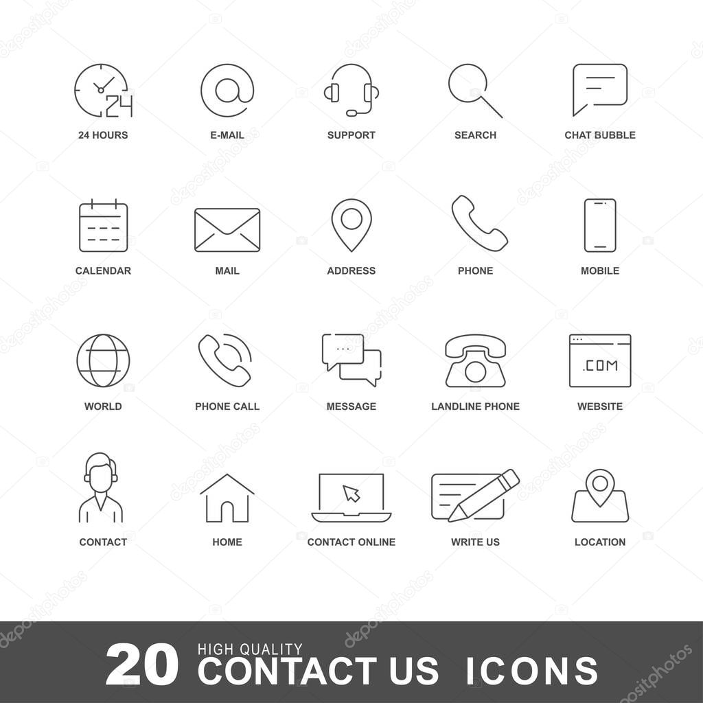 Contact us line icons. Phone, address and mail icon set with editable stroke