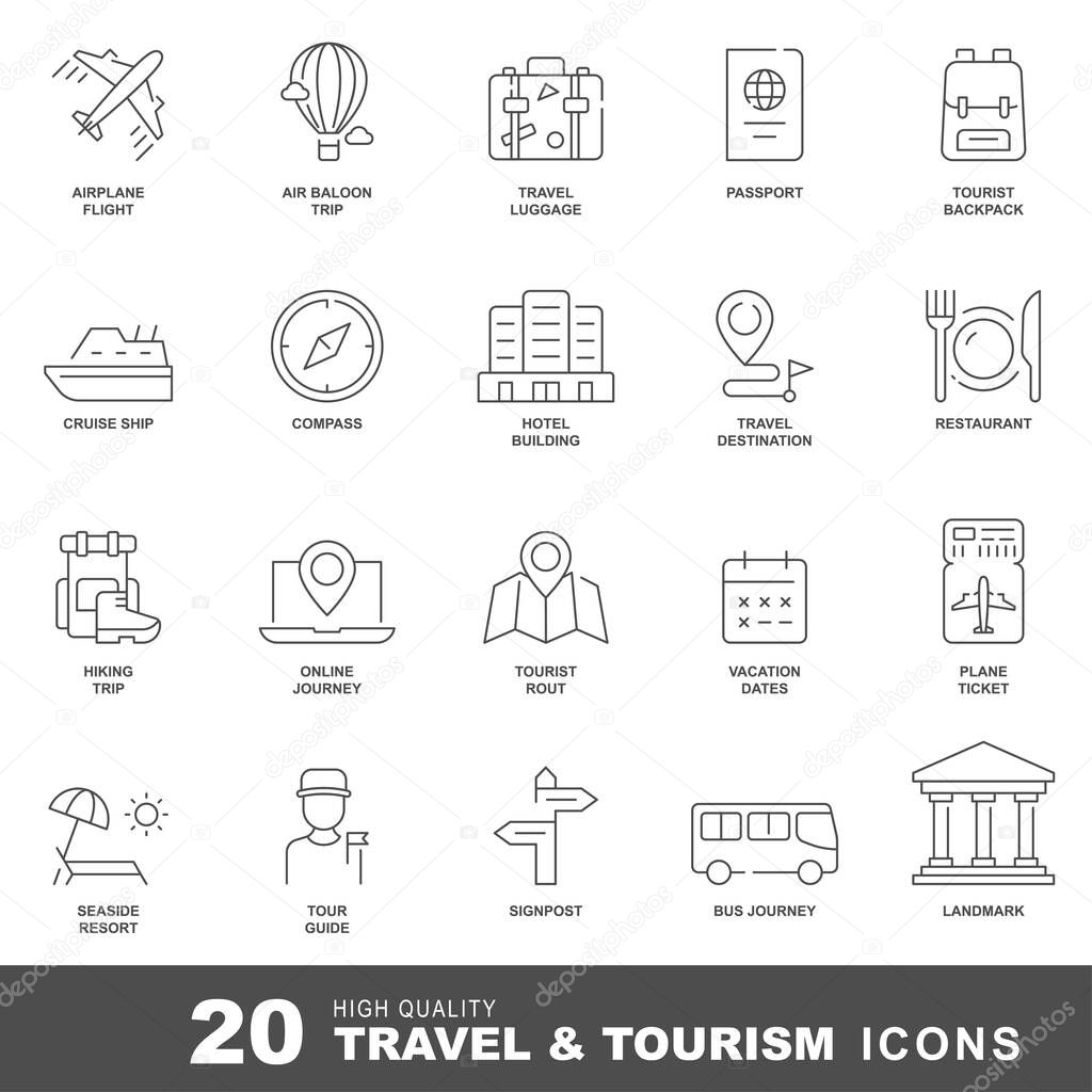 Travel and tourism line icons. Vacation and hotel icon set with editable stroke