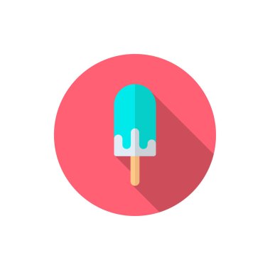 Mavi çember arka planında uzun gölgesi olan buzlu dondurma düz simgesi, vektör illüstrasyonu, eps10