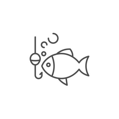 Balık oltası ve balık oltası ikonu. Mobil konsept ve web tasarımı için doğrusal biçim işareti. Balık yemi kancası ana hatlı vektör simgesi. Sembol, logo çizimi. Vektör grafikleri