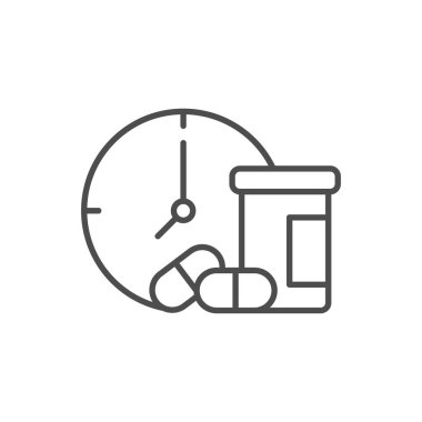 İlaç zamanı ikonu, tıbbi haplar ve saat vektör çizimi beyazı izole edilmiş düz stil tasarım. Renkli grafikler